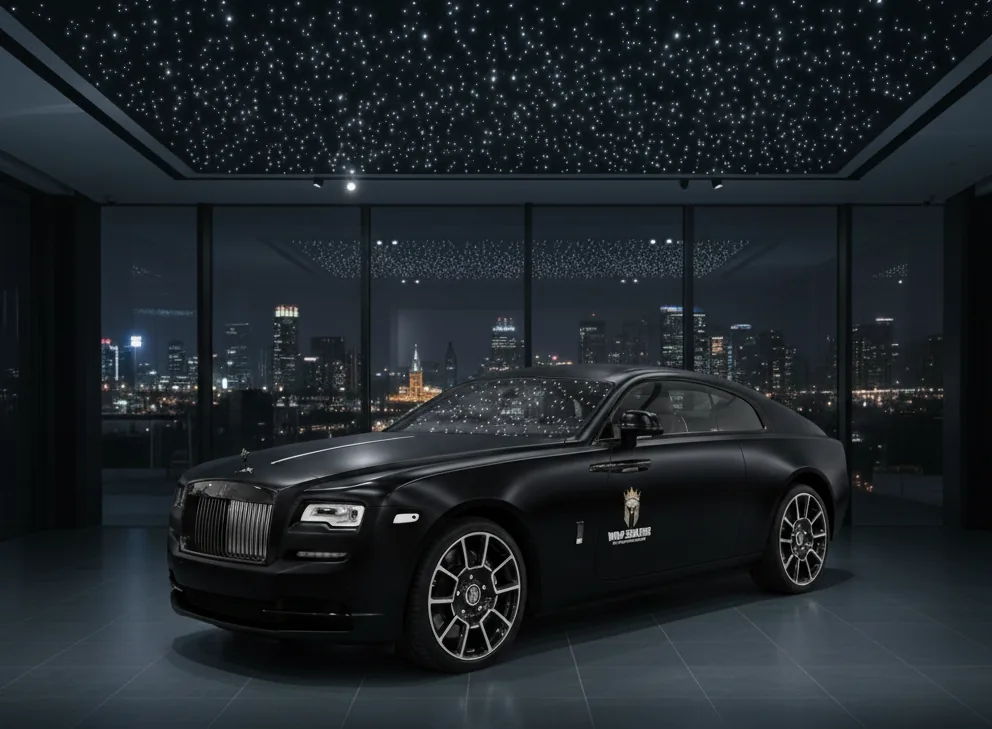 Black Rolls-Royce in premium showroom with starlit ceiling at Wrap Senators Ottawa
