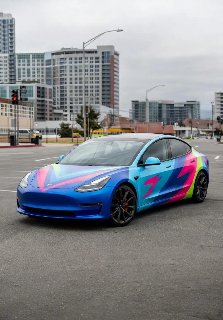 Tesla with vibrant custom graphics wrap design by Wrap Senators Ottawa